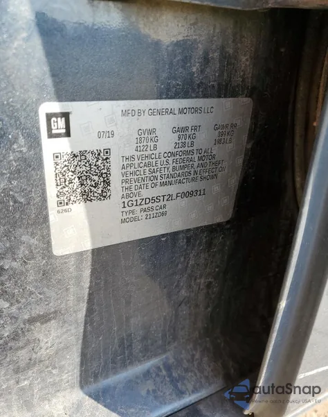 2020 Chevrolet Malibu Lt из США, поврежденный, VIN 1G1ZD5ST2LF009311